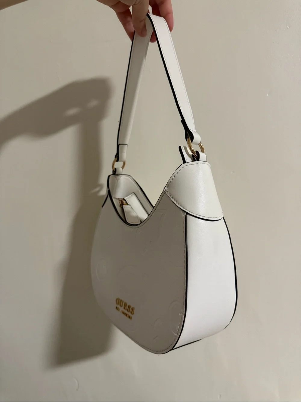 GUESS White Embossed Logo Hobo Shoulder Bag with Gold Hardware